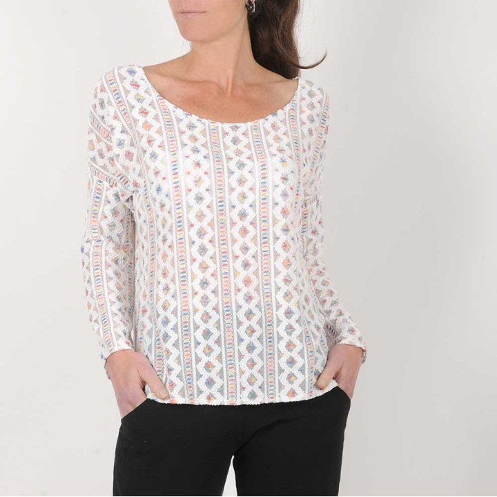 Pull d'été fabriqué en France ample original de créateur fait main en france , maille dentelle blanche et multicolore