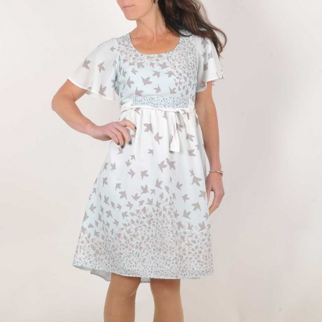 Pale blue bird print dress with flutter sleeves