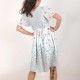 Pale blue bird print dress with flutter sleeves