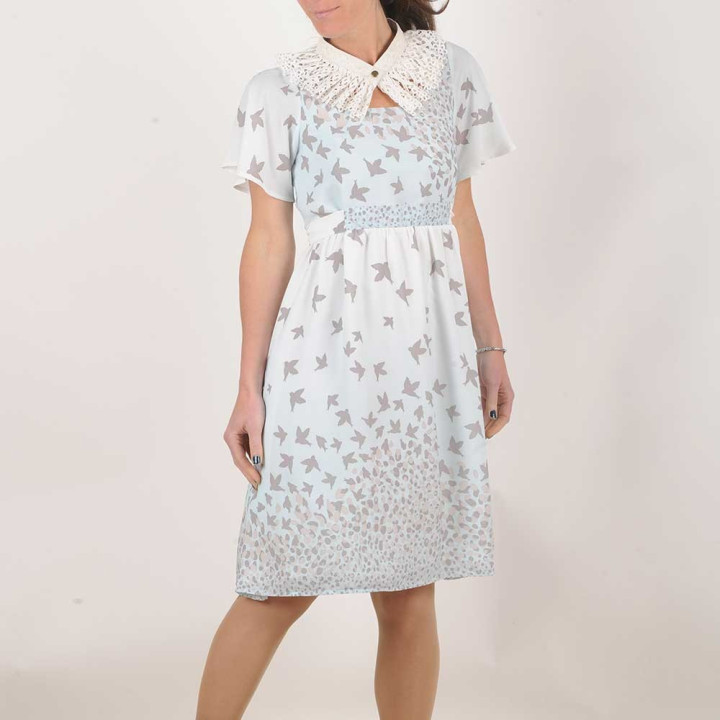 Robe femme originaux créateur  bleue à manches volantes, imprimé oiseaux
