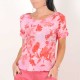 Womens pink and red floral silk top, short-sleeved blouse