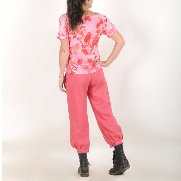 Womens pink and red floral silk top, short-sleeved blouse