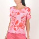 Womens pink and red floral silk top, short-sleeved blouse