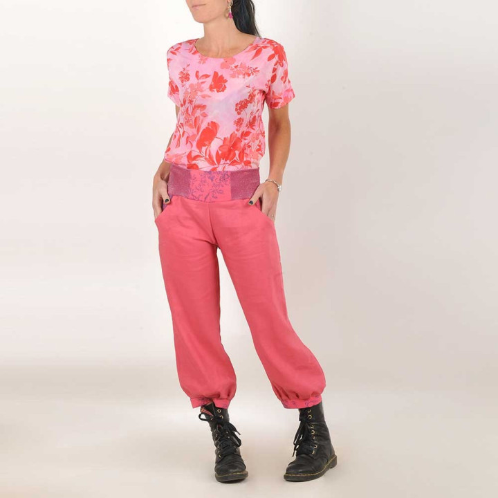 Womens bright pink puffy pants with jersey belt