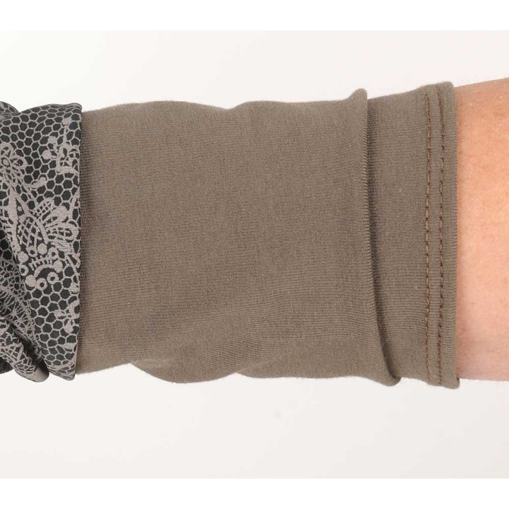Taupe brown patchwork fingerless gloves, solid and lace print jersey
