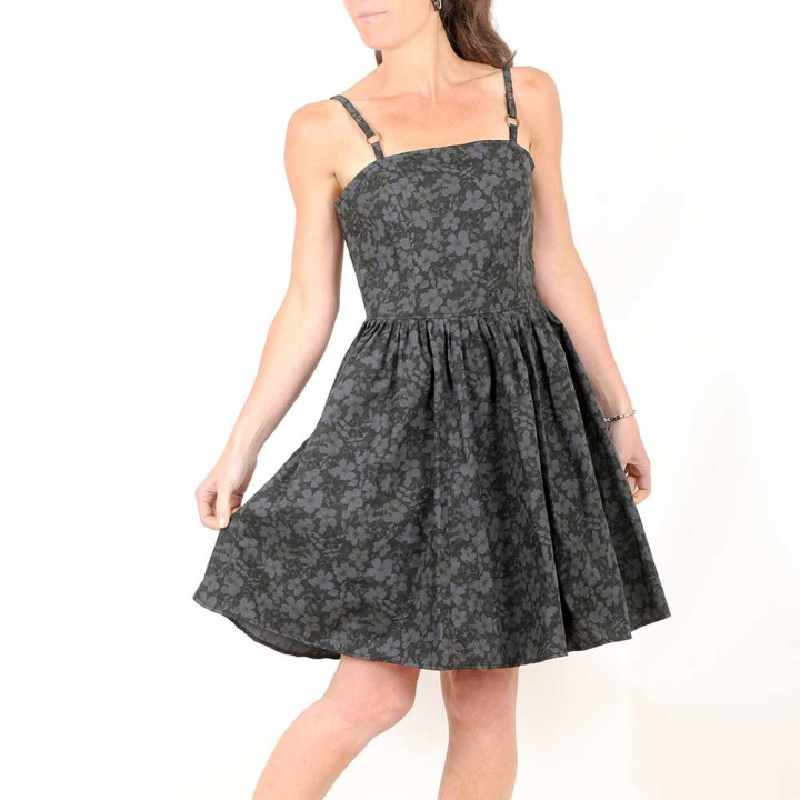 Dark grey floral retro cotton summer dress with thin straps