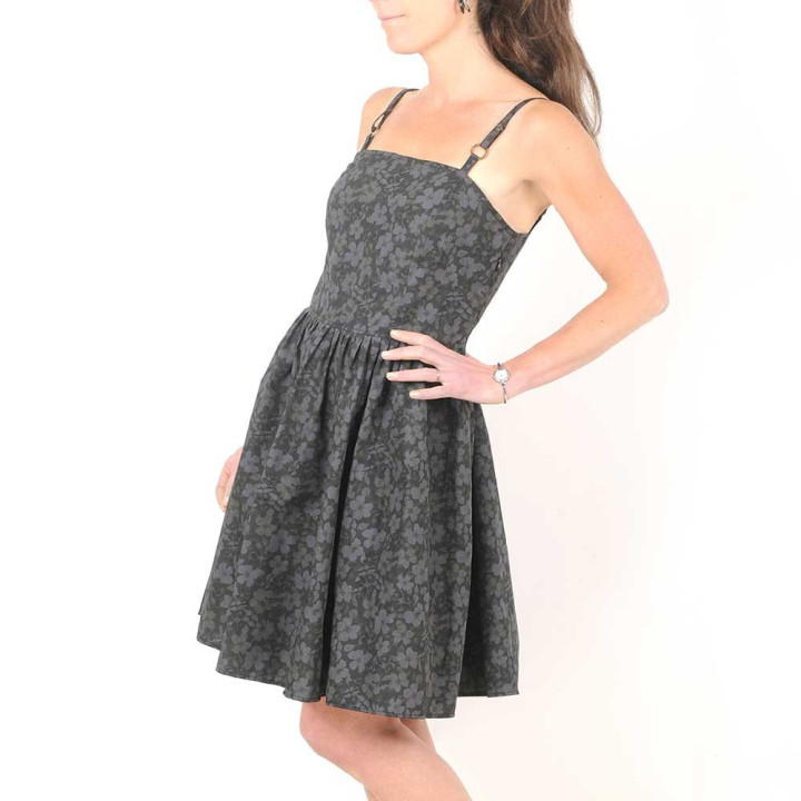 Dark grey floral retro cotton summer dress with thin straps