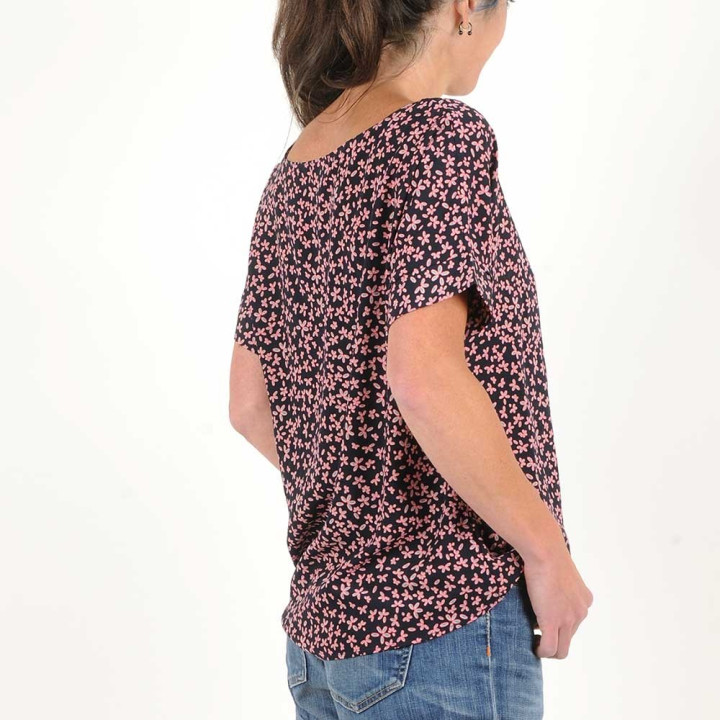 Womens navy blue and pink floral top, short-sleeved blouse