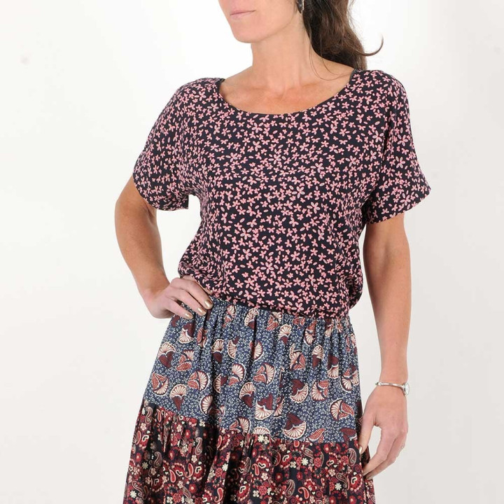 Womens navy blue and pink floral top, short-sleeved blouse