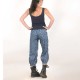 Womens busy floral blue denim pants, stretchy jersey belt