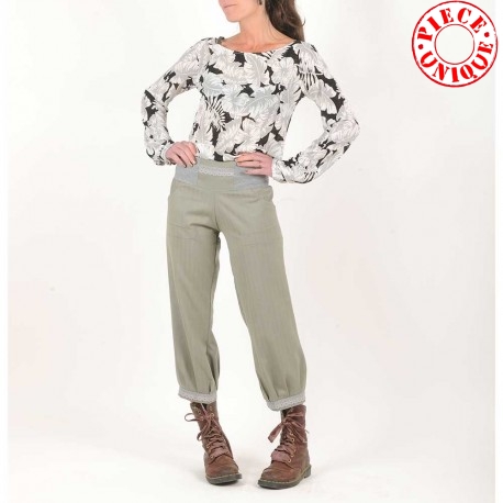 Pantalon femme original made in france original fabriqué en France 4/5, vert et gris clair, ceinture extensible