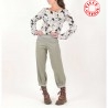 Pantalon femme 4/5, vert et gris clair, ceinture extensible