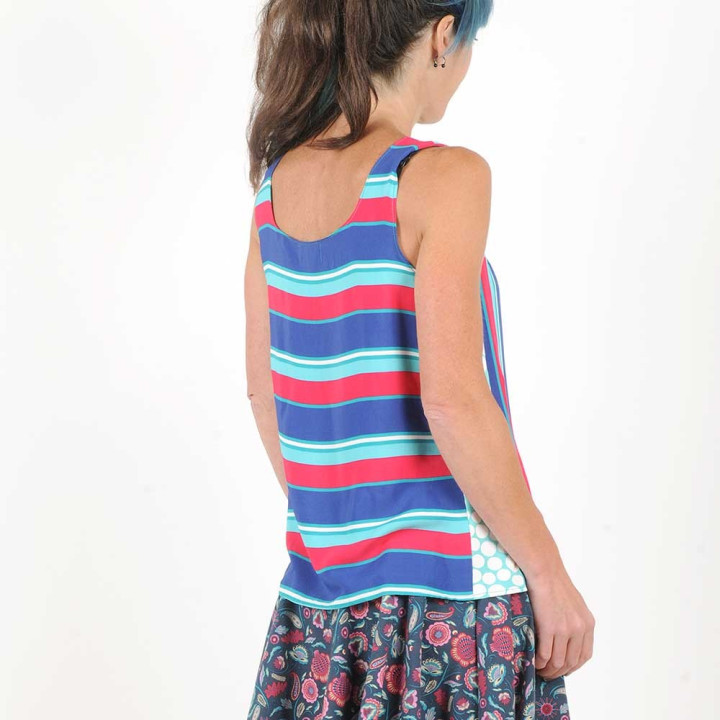 Striped sleeveless tank top in vintage green, blue, red fabric