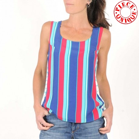 Striped sleeveless tank top in vintage green, blue, red fabric