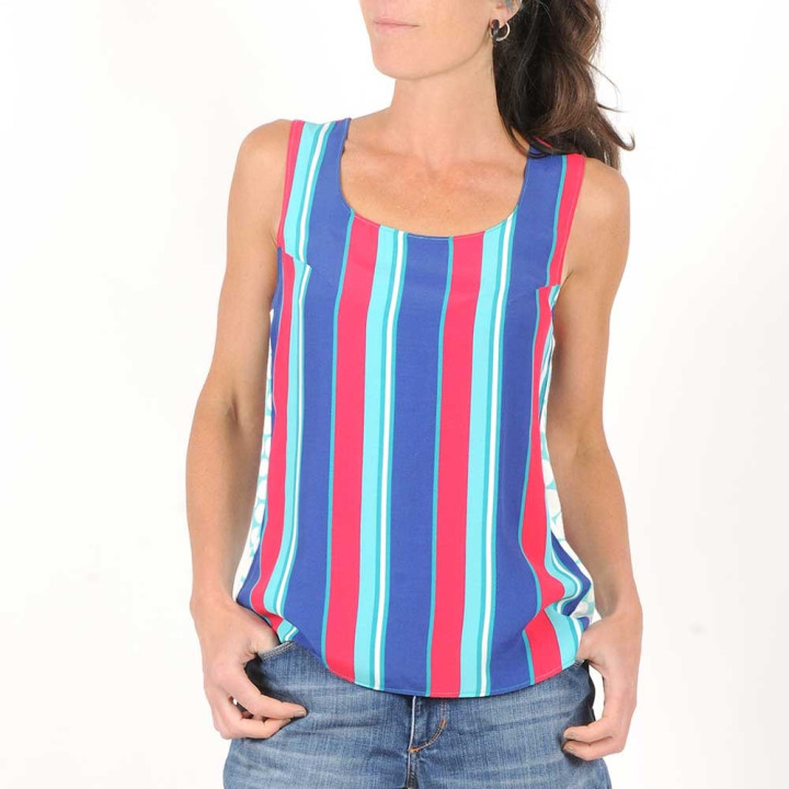 Striped sleeveless tank top in vintage green, blue, red fabric