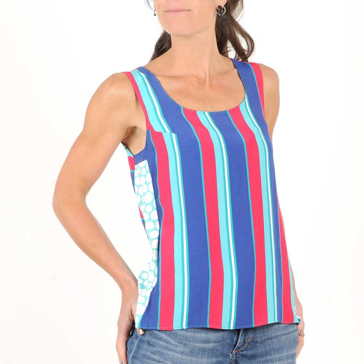 Striped sleeveless tank top in vintage green, blue, red fabric