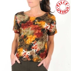 Womens printed orange top, short-sleeved blouse