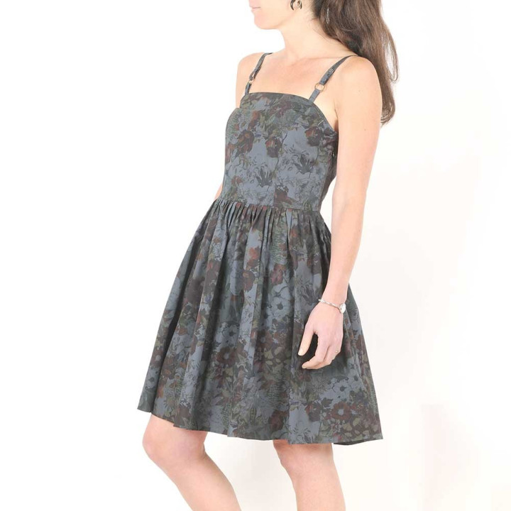 Dark grey retro floral cotton summer dress with thin straps