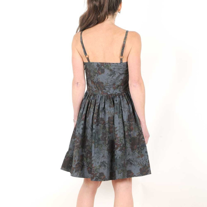 Dark grey retro floral cotton summer dress with thin straps