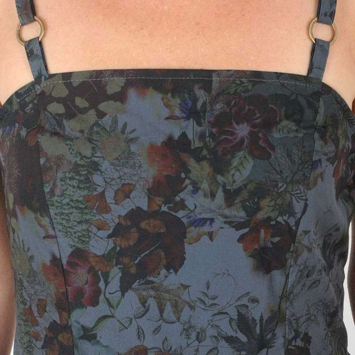 idée cadeau pour femme Robe rétro à bretelles, coton gris noir fleurs colorées