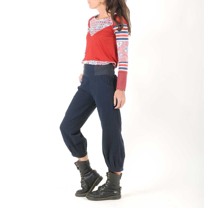 Womens navy blue pants, stretchy jersey belt