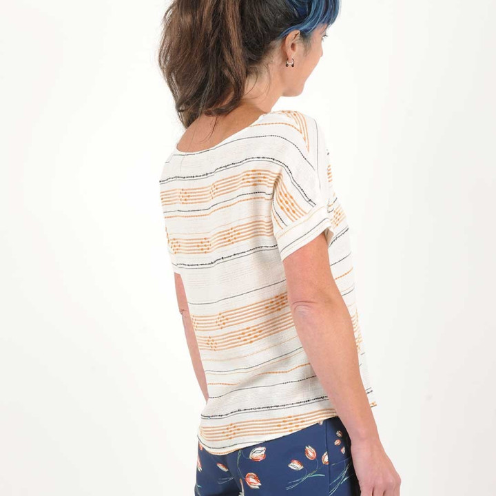 Womens off-white cotton top, woven lines