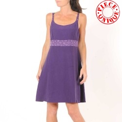 Short purple dress with straps, floral details