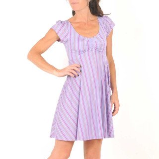 Striped lilac jersey dress with mid-length sleeves and pleated neckline