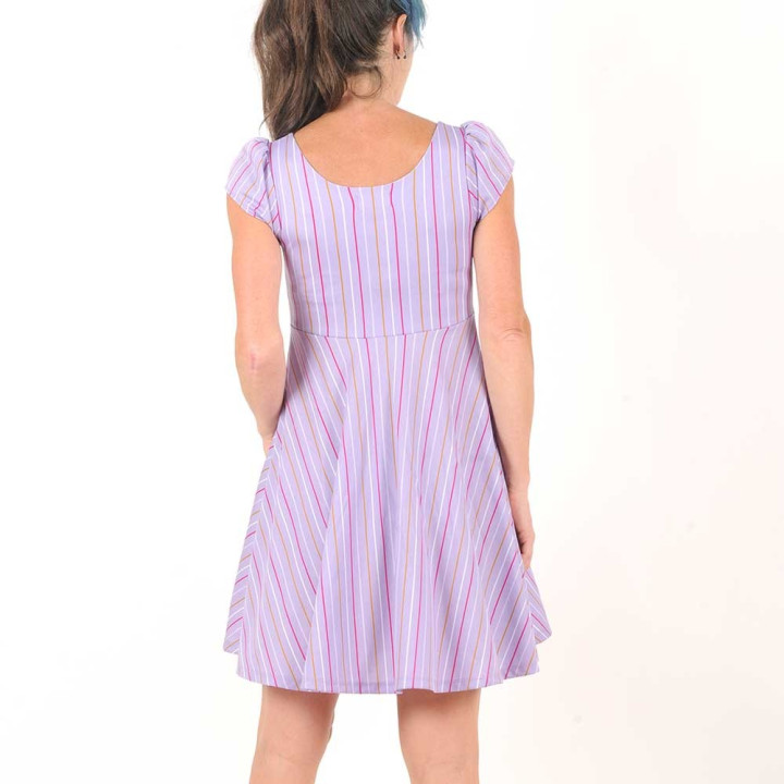 Striped lilac jersey dress with mid-length sleeves and pleated neckline