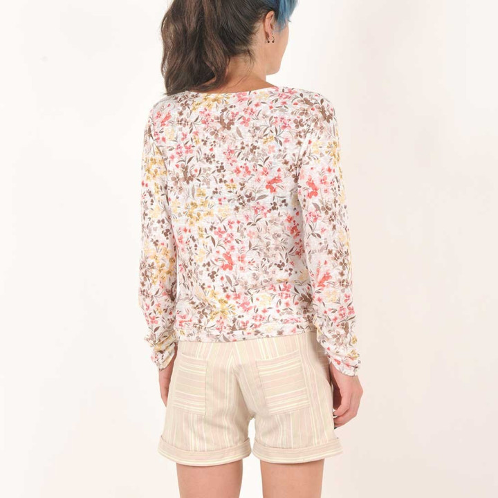 Floral lightweight women's sweater, shirred sleeve hems