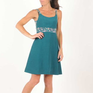 Robe fabriquée en France créateur femme courte bleu canard à bretelles, détails fleuris