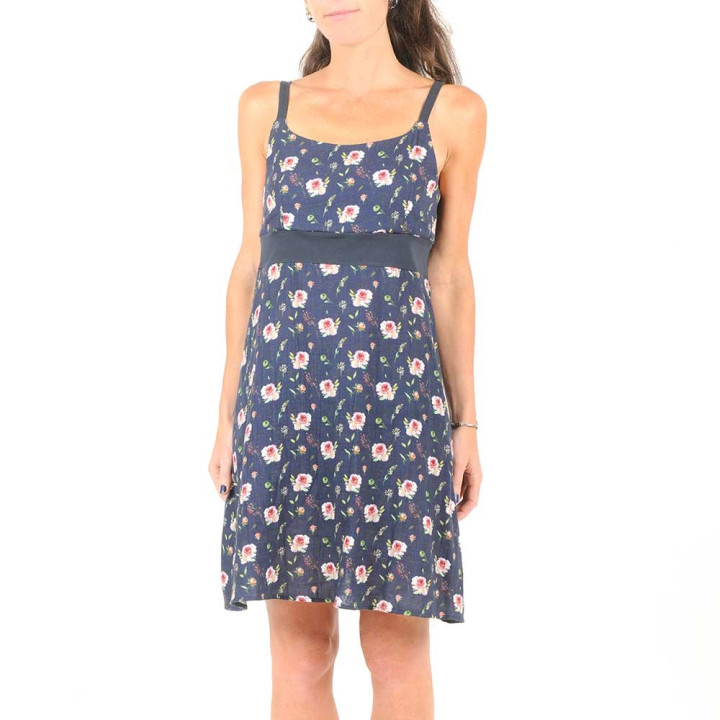 Robe fleurie à bretelles fabrication artisanale, double gaze de coton bleu marine