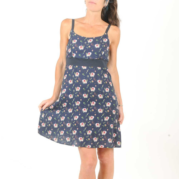 Robe fleurie à bretelles originale fabriquée en France, double gaze de coton bleu marine