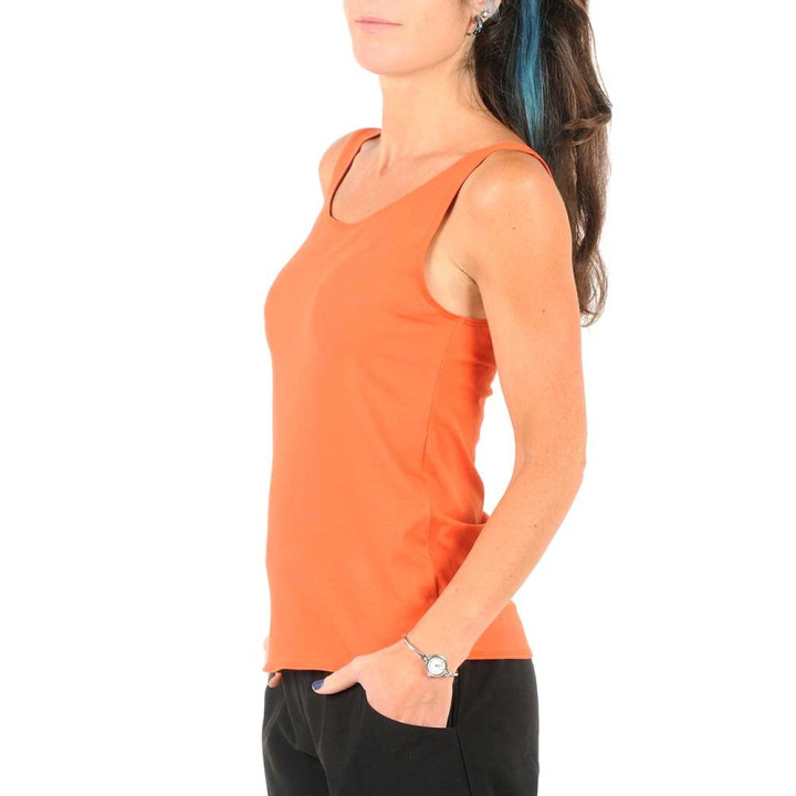 Top débardeur fabriqué en France créateur femme sans manches, jersey orange