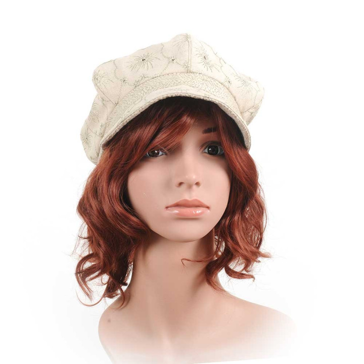 Casquette gavroche fabriquée en France lin beige brodé fleurs