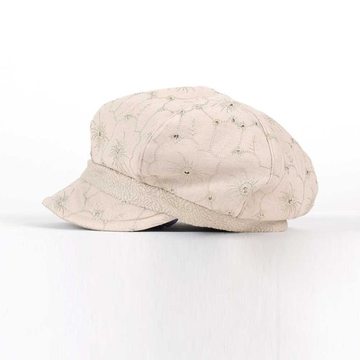 Casquette gavroche créateur fabrication française lin beige brodé fleurs