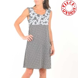 Summer sleeveless dress, grey, white, black, with pointy collar at back