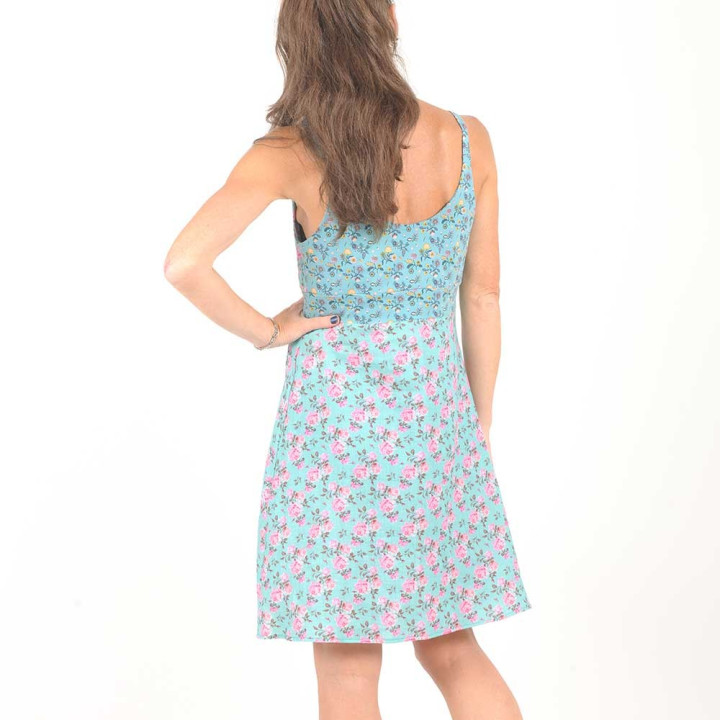 Short lagoon blue floral dress with straps, double cotton gauze