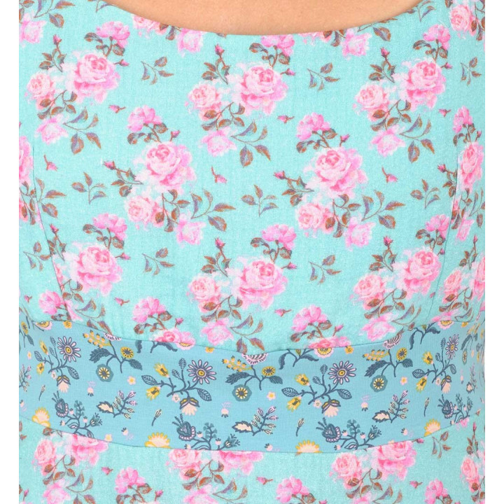 Robe artisanale fleurie à bretelles, double gaze de coton bleu turquoise