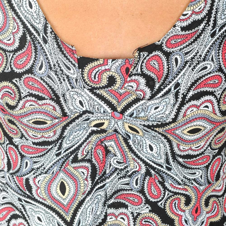 Black, white, red summer dress, pleated neckline