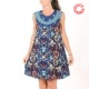 Blue sleeveless printed dress, patchwork neckline