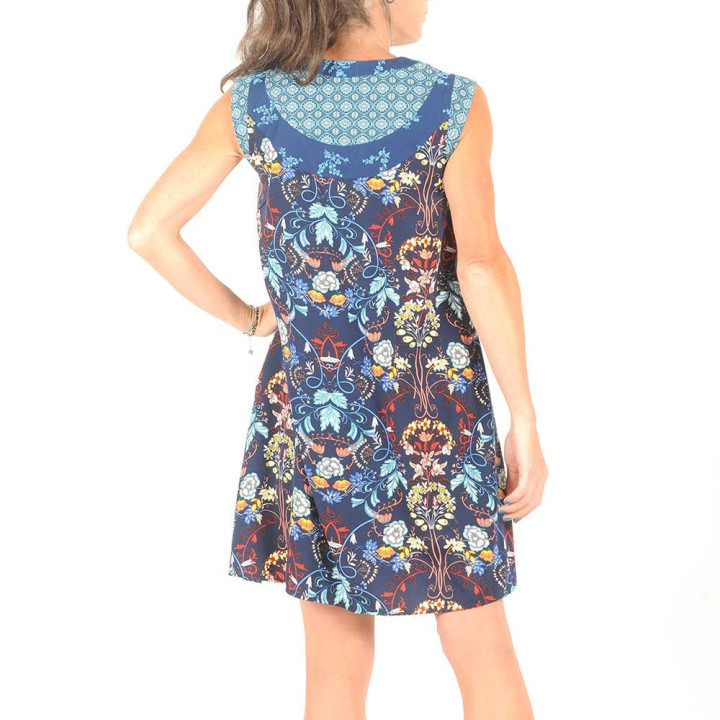 Robe fabrication artisanale jeune créateur évasée bleu imprimée sans manches