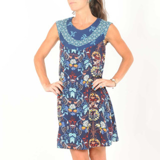 Blue sleeveless printed dress, patchwork neckline