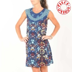 Blue sleeveless printed dress, patchwork neckline