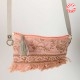 PInk and brown zippered crossbody purse, vintage fabric and fringes