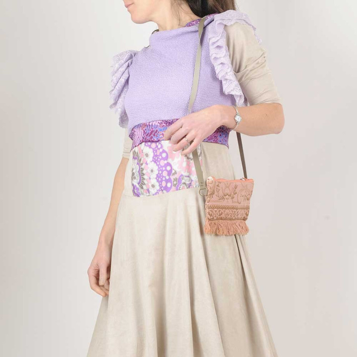 PInk and brown zippered crossbody purse, vintage fabric and fringes