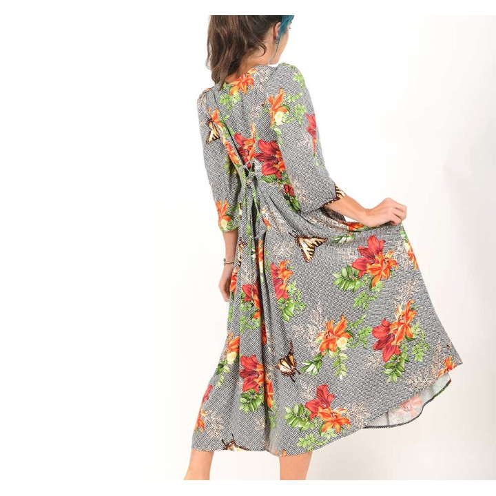 Robe d'été longue créateur fabriquée en France à manches, viscose imprimée