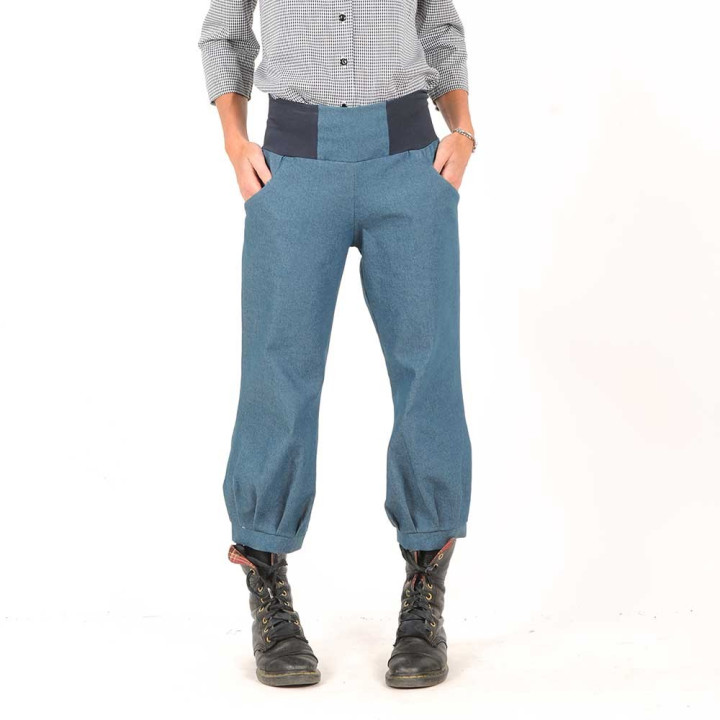 Pantalon femme fabrication artisanale bouffant denim bleu stretch