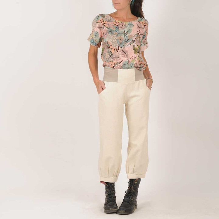 Pantalon jeune créateur femme bouffant 4/5 créateur fabrication française en soie beige