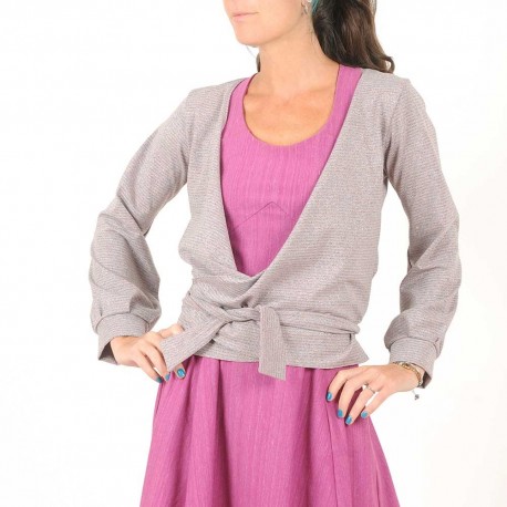 Dusty pink and glittery grey striped jersey wrap with puffy sleeves